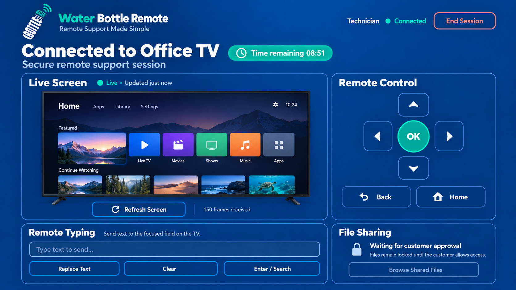 Technician portal preview with live screen, remote control, typing, and file sharing panels